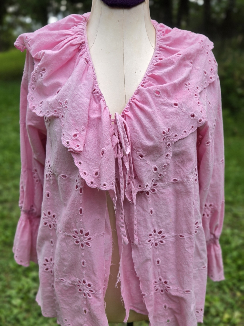 Upcycled Pink Eyelet Tie-Front Ruffled Blouse